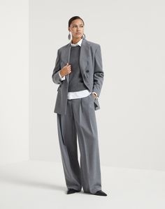 Virgin wool panama wide pleated trousers The ample, flowing proportions of these trousers highlight the special texture of virgin wool panama. This refined fabric is characterized by a compact hand that blends together with a slightly irregular color effect. Double pleats give a hint of volume to the straight and relaxed silhouette. Luxury Tailored Wide Leg Pants For Business Casual, Luxury Wool Wide Leg Pants For Formal Occasions, Wool Wide Leg Pants For Formal Fall Occasions, Luxury Tailored Wide Leg Pants For Workwear, Modern Tailored Wide Leg Pants With Pressed Crease, Tailored Wool Wide Leg Pants For Formal Occasions, Wool Suits With Straight Pants For Work, Elegant Wool Wide Leg Pants With Pressed Crease, Formal Wool Wide-leg Pants