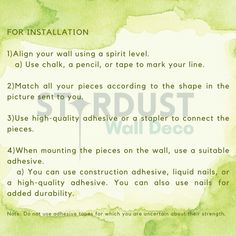 the instructions for installing wall decals on a green watercolored background with text