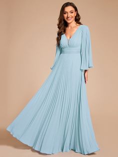 This custom size floor-length chiffon evening dress features a stunning deep V-neck design. The A-line silhouette is complemented by delicate ruffle sleeves, creating a timeless and sophisticated look perfect for any formal occasion. Length: Floor length. Sleeve Style: Long sleeves. Closure: It is concealed a zipper up the back. Undergarments: It is padded, with lining. Fabric:The garment comprises Chiffon. Stretch: Fabric is no stretch. Elegant Light Blue V-neck Evening Dress, Light Blue V-neck Evening Gown, Chiffon A-line Maxi Dress For Gala, Chiffon V-neck Pleated Maxi Dress, Chiffon V-neck Gown For Gala, Light Blue V-neck Gown For Prom, Chiffon V-neck Prom Gown, Elegant V-neck Gown With Pleated Detail, Elegant V-neck Gown With Pleats