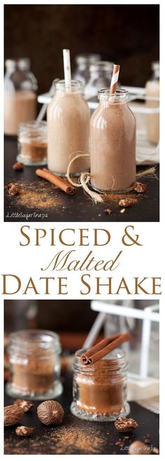 spiced and malted date shake with cinnamon on the side, in small glass jars