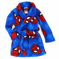 a blue robe with spiderman on it is shown in front of a white background