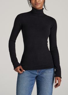 American-Tall-Women-Rolled-Mock-Neck-Sweater-Black-front Clothes For Tall Women, Extra Long Sleeve Sweater, Jeans For Tall Women, Clothing For Tall Women, Sweater Fits, Extra Long Sleeves, Cozy Knit, Mock Turtleneck, Rolled Hem