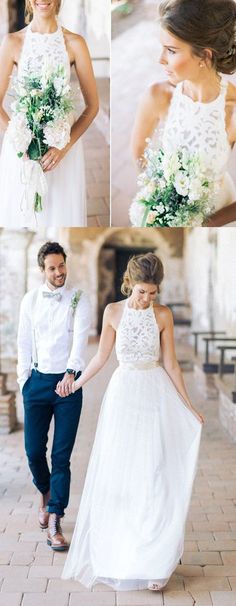 the bride and groom are posing for pictures