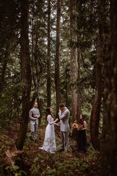 a group of people standing in the woods