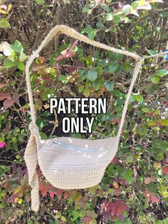 a crocheted purse hanging from a tree with the words pattern only on it