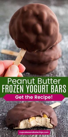 chocolate covered peanut butter frozen yogurt bars on a stick with text overlay