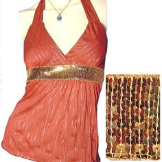 New, Never Used/Washed, Womens Rust-Orange Sleeveless Halter Top/Blouse With Metallic Gold Striped Glitter Accent - Sleeveless Tops. With Gold Glitter Pinstripes/Striped Pattern Details In The Fabric, And Wide Gold Sequin Trim At Waistline. Top Has An Adjustable Back Neck Tie. Made In Usa. Fabric Material Is 100% Polyester. Womens Tops Great As Casual Wear, Summer Tops, Party Tops, Clubwear, Clubbing / Club Tops, Evening Tops, Etc. Hurry! We Have Limited Stocks Left For All Colors! Color: Rust O Casual Wear Summer, Halter Top Pattern, Orange Tops, Glitter Top, Evening Tops, Club Tops, Rust Orange, Sleeveless Tops, Gold Stripes