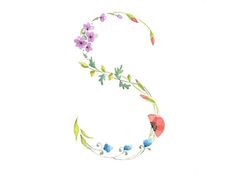 the letter s is made up of flowers and leaves on a white background with watercolors