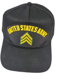 UNITED STATES ARMY HAT. Army Sergeant Rank Patch, Army Chevron Stripes. Gold and Green. Black Cap High Detail and Impact. 8 Rows Stitching on Visor and Pro Stitch on Crown 5 panel hat. Adjustable Size, Black Golf Style. Great Gift Idea for ANY U.S. Army Sergeant. HatnPatch Is THE Veteran Owned Family Business. We Generally Ship Orders Within 24 Hours And Usually The SAME DAY! Military Style Hat For Streetwear, Military Style Trucker Hat With Curved Brim, Military Style Trucker Hat, Military Style Snapback Hat For Streetwear, Black Military Baseball Cap One Size, Military Style Adjustable Baseball Cap With Short Brim, Black Military Trucker Hat, Military Style Black Snapback Cap, Military Style Black Snapback Hat