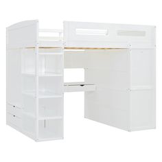 a white bunk bed with a desk underneath it and shelves on the bottom level below