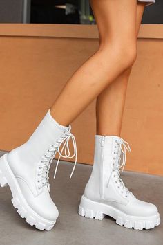 Details: Women Boots White Lace-up Shoelace Zipper Mid Calf Wedges