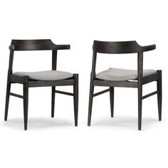 two black chairs with grey upholstered seat cushions on each one and the other side