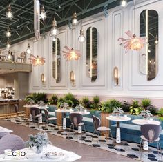 the interior of a restaurant with tables, chairs and chandeliers hanging from the ceiling