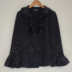 St. John Santana Knit Metallic Floral Print Sweater Jacket Black Ruffle Size 8. Great Condition. Measurements Are Provided In The Pictures. Feel Free To Ask Any Questions. Party Cardigan With Ruffles And Long Sleeves, Long Sleeve Ruffled Party Cardigan, Party Long Sleeve Ruffled Cardigan, Long Sleeve Blazer With Ruffles For Evening, Long Sleeve Ruffled Blazer For Evening, Elegant Long Sleeve Ruffled Cardigan, Ruffled Long Sleeve Blazer For Evening, Elegant Ruffled Cardigan For Parties, Elegant Party Cardigan With Ruffles