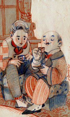 a drawing of two people sitting next to each other on a couch eating food and drinking coffee