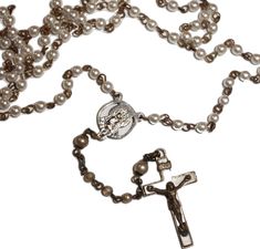 Vintage Crucifix Necklace With Miraculous Medal, Handmade Silver Vintage Rosary, Vintage Silver Handmade Rosary, Handmade Vintage Silver Rosary, Vintage Rosary With Cross Pendant Gift, Pearl Rosary, Catholic Jewelry, Rosary Necklace, Jewelry Unique