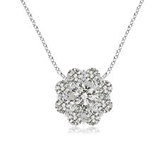 The dazzling diamonds are clustered to form a gorgeous cluster pendant necklace. Each round diamond resembles the petals of a fully bloomed flower. This dainty and feminine flower diamond pendant necklace, crafted in 14K White Gold, is a classic beauty by all means. Choose from different stone qualities (K, I3, I-J, I1-I2, H, SI2, GH VS). Diamond Flower Necklace For Anniversary, Diamond White Flower-shaped Necklace With Diamond Accents, Diamond White Necklace With Flower Shaped Diamond Accents, Flower-shaped Brilliant Cut Diamond Necklace For Anniversary, Flower-shaped Brilliant Cut Diamond Necklace, Flower Shaped Brilliant Cut Diamond Necklace, Diamond White Flower Pendant Necklace With Single Cut Diamonds, White Flower-shaped Diamond Necklace, Diamond White Diamond Necklace With Flower Pendant For Anniversary