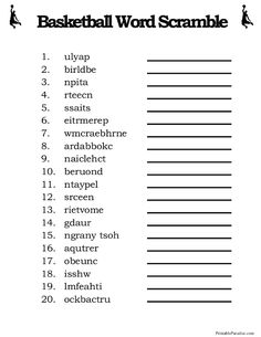 a printable basketball word scramble is shown in black and white with the words on it