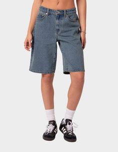 EDIKTED Oversized Low Rise Denim Bermuda Shorts - LIGHT BLUE | Tillys Low Rise Jorts, Oversized Jean Shorts, Wwe T Shirts, Flannel Sweatshirt, Oversized Jeans, Shorts Cute, School Clothes, Girls Blouse, Sweaters And Jeans