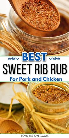 Small glass jar with dry seasoning rub with spoon with Pinterest overlay. Sweet And Spicy Dry Rub For Pork Ribs, Best Rib Dry Rub Recipe, Sweet Rub For Pork, Wet Rub For Ribs Recipe, Sweet Bbq Rub, Sweet Dry Rub For Pork Ribs, Sweet Rub For Ribs, Pork Rib Dry Rub Recipe Oven