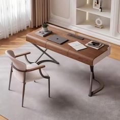 a desk with a chair and books on it