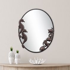 Seahorses and Sea Life Oval Wall Mirror Oval Wall Mirror, Iron Sheet, Mirrors For Sale, Home Decor Mirrors, Mirror Glass, Ocean Life, Sheet Metal, Decor Lighting, Sea Life