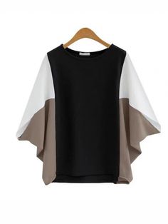 SkuCY-!125154Material30%-50% Polyester StyleLoose , Batwing Sleeves , Short Sleeves FeatureContrast Color , Split-joint NecklineRound-neck OccasionCasual , Leisure Fashion SeasonsSummer TypeT-Shirts Tops ColorBLUE,BLACK,APRICOT,BLUE+BLACK,BLACK+KHAKISizeM,L,XL Please consult the size chart we provide for this item's measurements to help you decide which size to buy.Please note: There may be 1-3cm differ due to manual measurement.CMINCHBustShoulderSleeveTop LengthM148373860L152383961XL156394062 Black Stretch Color Block T-shirt, Black Patchwork Tops For Layering, Black Stretch Color Block Tops, Black Patchwork Short Sleeve Tops, Black Crew Neck Short Sleeve Top For Fall, Black Short Sleeve Top For Layering, Black V-neck Blouse With Patchwork, Black Stretch T-shirt With Patchwork, Black Stretch Patchwork T-shirt