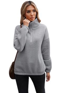 Gray Zipped Collar Sweatshirt Winter Sweatshirt With Zipper Closure, Casual Half-zip Sweatshirt With Zipper Closure, Solid Color Long Sleeve Sweatshirt With Zipper, Winter Long Sleeve Sweatshirt With Ykk Zipper, Gray Half-zip Sweatshirt, Solid Zipper Closure Sweatshirt For Fall, Long Sleeve Fleece Sweatshirt With Zipper Closure, Fleece Sweatshirt With Zipper Closure And Long Sleeves, Fall Sweatshirt With Zipper Closure