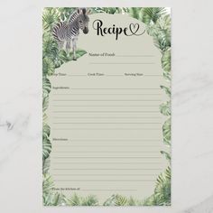 a recipe card with an image of a zebra and tropical leaves on the bottom, which reads recipe