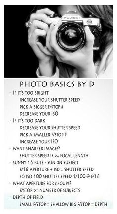 a woman holding a camera up to her face with the words photo basics by d above it