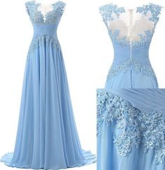 Chiffon Homecoming Dress With Sweep Train, Light Blue Fitted Chiffon Dress For Wedding, Fitted Light Blue Chiffon Dress For Wedding, Blue Floor-length Chiffon Bridesmaid Dress, Blue Chiffon Bridesmaid Dress For Prom Season, Blue Chiffon Evening Dress For Prom, Light Blue Sleeveless Evening Dress For Banquet, Blue Chiffon Evening Dress With Fitted Bodice, Blue Sleeveless Chiffon Prom Dress