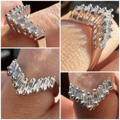 four different views of a diamond ring on someone's finger, showing the size and shape