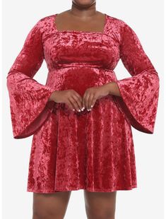 Red Crushed Velvet Bell Sleeve Mini Dress Plus Size Mini Dress Plus Size, Girls Velvet Dress, Bell Sleeve Mini Dress, Plus Size Clothing Stores, Hot Topic Dresses, Bell Sleeve Dress, Arm Sleeve, Sweaters And Jeans, Crushed Velvet