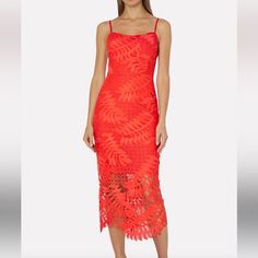 This Midi-Length Spaghetti Strap Cocktail Dress Is Cut From Our Unique Coral-Colored Tropical Palm Print Lace. It Has A Lined Bodice That Stops Above The Knee To Further Reveal The Lacework Against Your Bare Skin. Blue Floral Midi Dress, Milly Dresses, Milly Dress, Black Knit Dress, Bare Skin, Halter Midi Dress, Blue And White Dress, Midi Short Sleeve Dress, Tropical Palm