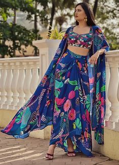 Beach Blue Dhoti Set and Kurta Juhi Bengani - Fabilicious Fashion Traditional One Piece Dress Indian, Dhoti Style Skirt, Dhoti Lehenga, Blue Indo Western Dress, Simple Beach Outfit, Dhoti Skirt, Skirt Cape, Indo Western Dresses For Women, Pool Party Dresses