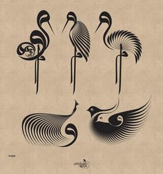 four different types of birds in black and white on a beige background, each with an intricate