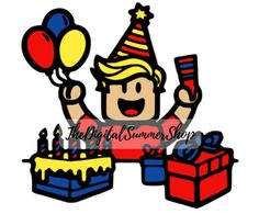 a cartoon character with a birthday cake and balloons