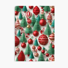 christmas ornaments on white background with red and green balls in the shape of trees canvas print