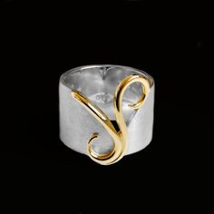 This unique ring has a 13- 14mm wide Sterling Silver band and a solid 18ct Yellow Gold Swirls on the front. The band has a satin finish which accentuates the contrast between the gold and silver.       I can also make the swirl in 18ct Rose gold if you prefer a softer more subtle look. A great ring to wear with silver and gold jewellerymix it up for a fab look! When ordering your ring you must email me your finger size. USA, European Australian and Asian sizing differ, some are letters and other Modern Ring Design, Mixed Metal Ring, Diy Jewelry Rings, Mixed Metal Rings, Contemporary Jewelry Design, Unusual Rings, Silver Jewelry Design, Contemporary Ring, Jewelry Fashion Trends