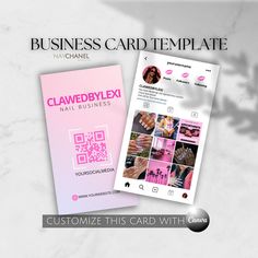 the business card template is displayed on a white background with pink and black images,