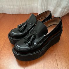 Black Patent Leather Excellent Condition, Worn A Few Times. Pls Lmk If You Want Additional Pics! Size It 36 (Us 6) Also Selling On Depop & Ebay Elegant Black Platform Loafers With Rubber Sole, Black Pointed Toe Tassel Loafers For Galas, Black Tassel Loafers With Round Toe For Galas, Black Loafers For Spring Galas, Formal Black Platform Loafers With Leather Sole, Chic Black Platform Loafers With Leather Sole, Chic Black Tassel Loafers For Business, Chic Black Platform Loafers With Brogue Detailing, Elegant Black Slip-on Platform Loafers