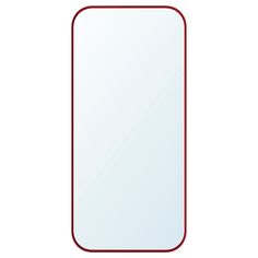 a rectangular mirror with red trim on the edges and bottom edge, in front of a white background