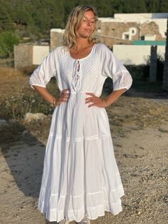 Ibiza white color hand made  maxi long typical Ibiza adlib fashion dress in super soft finest muslin  cotton.. This ibiza style White Island   A shape dress with matching  chickan hand  embroidery all over  is so beautiful. you can wear the super soft cotton fabric trough the summer .. its a much loved boho loose fit dress which fits all sizes from small to extra large  .. amazing is all the hand work involved in the indian chikan embroidery. its a unique piece of handwork created for you boho woman   from all over in the world.. love from AUROBELLE  IBIZA.   About the chikan embroidery  The technique of creation of a chikan work is known as Chikankari is a delicate and artfully done hand embroidery on a variety of textile fabric like muslin, silk, chiffon, organza, net etc. White thread i White Hippie Maxi Dress For Festivals, White Hippie Dress For Beach Season, Hippie White Dress For Beach Season, White Boho Maxi Dress For Beach Cover-up, White Cotton Beachwear Maxi Dress, Long Peasant Dresses For Summer, Long Peasant Summer Dresses, Long Peasant Style Summer Dresses, White Bohemian Maxi Length Boho Dress