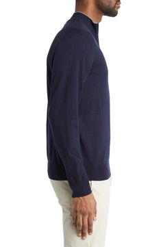 Layer up in luxurious warmth with this adventure-ready pullover made from a sumptuous merino-wool blend with a quarter-zip placket for quick ventilation. Stand collar 93% merino wool, 7% polyester Hand wash, dry flat Imported Navy Wool Long Sleeve Polo Sweater, Navy Long Sleeve Wool Polo Sweater, Casual Wool Half-zip Sweater, Wool Half-zip Sweater With Ribbed Collar, Wool Half-zip Sweater With Ribbed Cuffs, Half-zip Wool Polo Sweater, Cashmere Half-zip Sweater, Classic Half-zip Sweater With Ribbed Cuffs, Classic Wool Half-zip Sweater