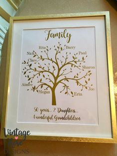 a family tree is shown in a gold frame with the names and date on it