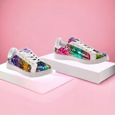 Women’s Wanted White Selena Multi-Color Changing Sequined Sneaker Sporty Low Top Sneaker Vegan Leather With Decorative Mermaid Sequins Round Toe Silhouette Front Lace Up Design Cushioned Insole And Padded Collar Rubber Sole Reebok Club C Double, Converse Slip On, Saucony Running Shoes, Orange Heels, Skechers Bobs, Mermaid Sequin, Lace Sneakers, Star Sneakers, Pink Adidas