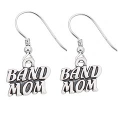 pair of earrings with the words band mom on it and an image of a guitar