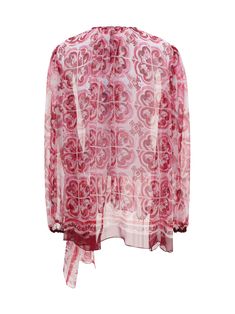 100% Silk | Dolce & Gabbana Women's mai27 Bloshirt in Tris Maioliche Fuxia | FW23/24 Luxury Classic Top With Monogram Print, Luxury Baroque Print Tops For Summer, Luxury Logo Print Tops For Spring, Luxury Logo Print Top For Spring, Classic Luxury Top With Monogram Print, Luxury Gucci Women's Blouse, Luxury Gucci Blouse For Women, Luxury Crew Neck Tops With All Over Print, Majolica Print