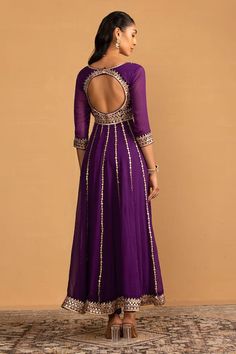 Purple anarkali with gota work embellishment. Paired with coordinating dupatta and churidaar. - Aza Fashions Purple Anarkali, Embroidered Anarkali, Gota Work, Indian Wedding Wear, Net Dupatta, Anarkali Suits, Churidar, Wedding Wear, Set For Women