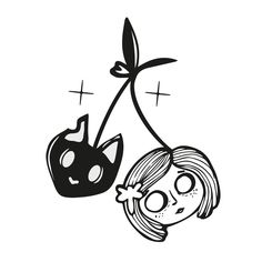 a black and white drawing of a girl with a cat on her head hanging from a cherry